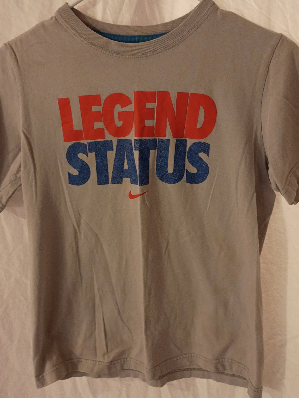 Nike Gray Tee with Red & Blue 'LEGEND STATUS' Graphic Boys Medium